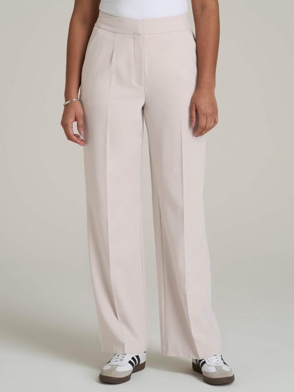 American Tall Flat Front Wide Leg Dress Pants for Tall Women in Drywall Tan Size